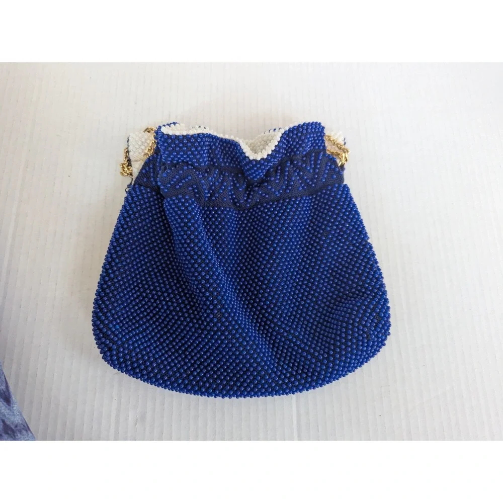 Vintage Reversible Beaded Blue & White Retro Hippie Bag Purse Drawstring Cinch